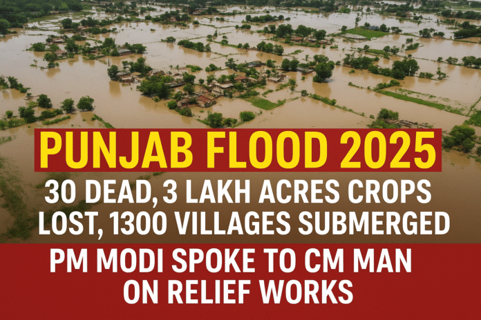 Punjab Flood 2025 – Villages Submerged, Crops Destroyed Aerial view of Punjab floods 2025 showing submerged villages, fields, and roads after heavy rainfall.