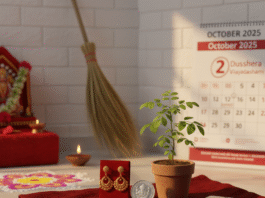 दशहरा 2025 पर शुभ खरीदारी (सोना, झाड़ू, शमी पौधा) का दृश्य।