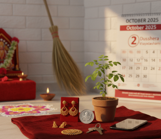 दशहरा 2025 पर शुभ खरीदारी (सोना, झाड़ू, शमी पौधा) का दृश्य।