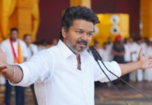 Actor Vijay (Thalapathy) supporters celebrating TVK party's lead in Tamil Nadu Assembly Elections 2026 with posters and sweets in Chennai.